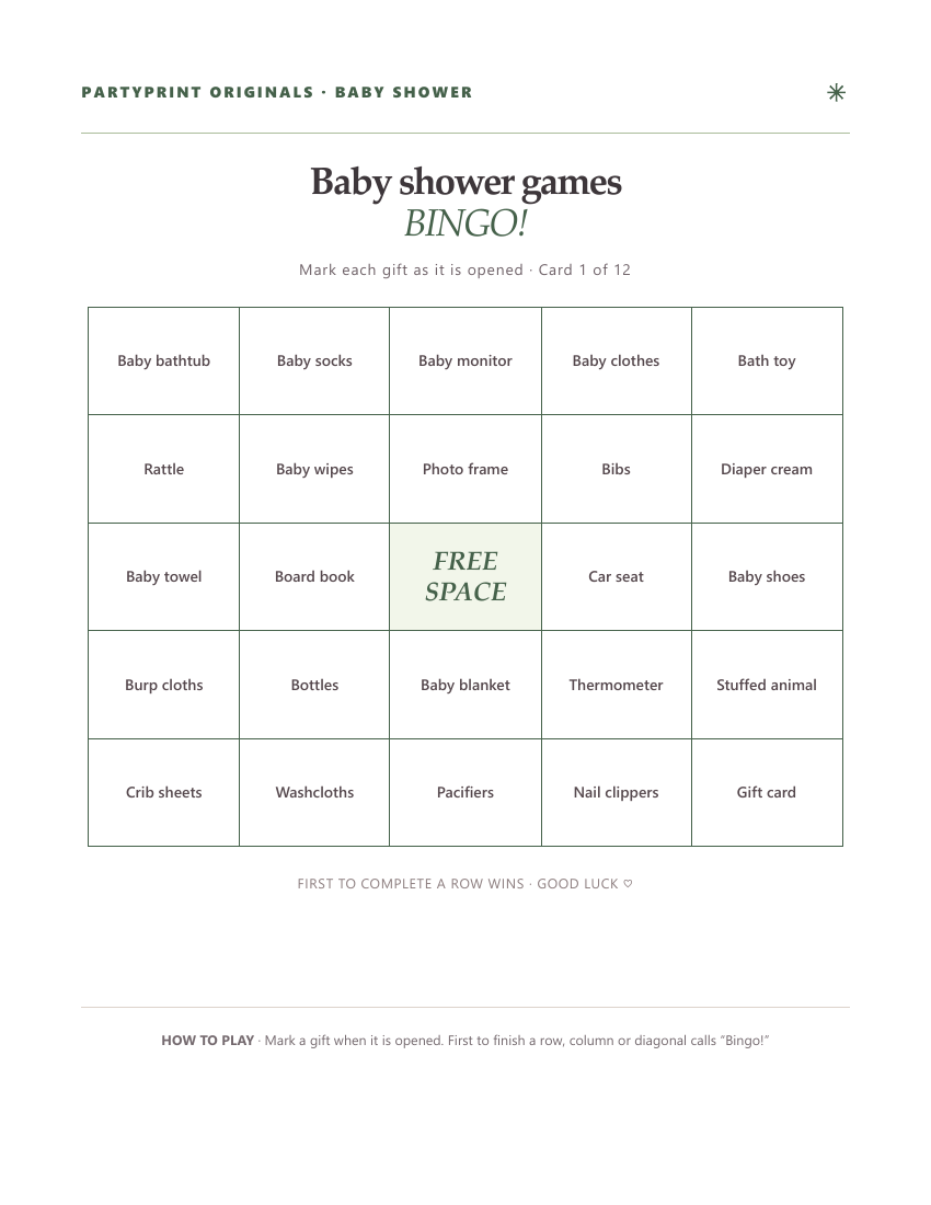 Example of a Garden theme 5 by 5 baby shower gift-opening bingo card, with a free center and gifts such as bottles and pacifiers