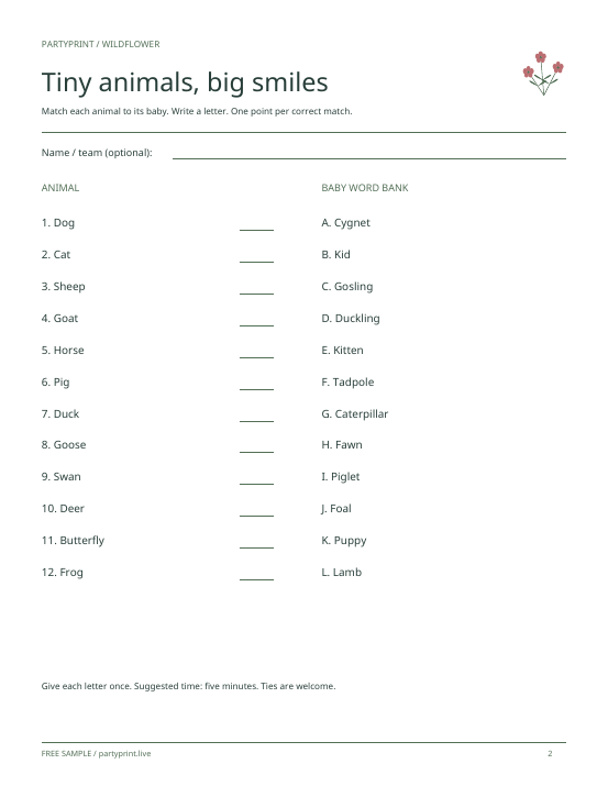 Baby animal matching sheet with twelve animals, answer lines and a lettered word bank