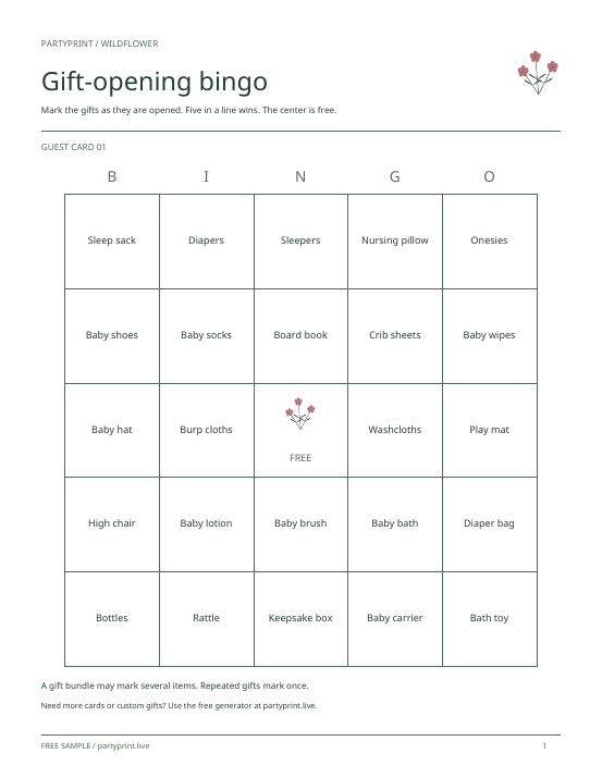 Complete Wildflower bingo page with common baby gifts and a free center