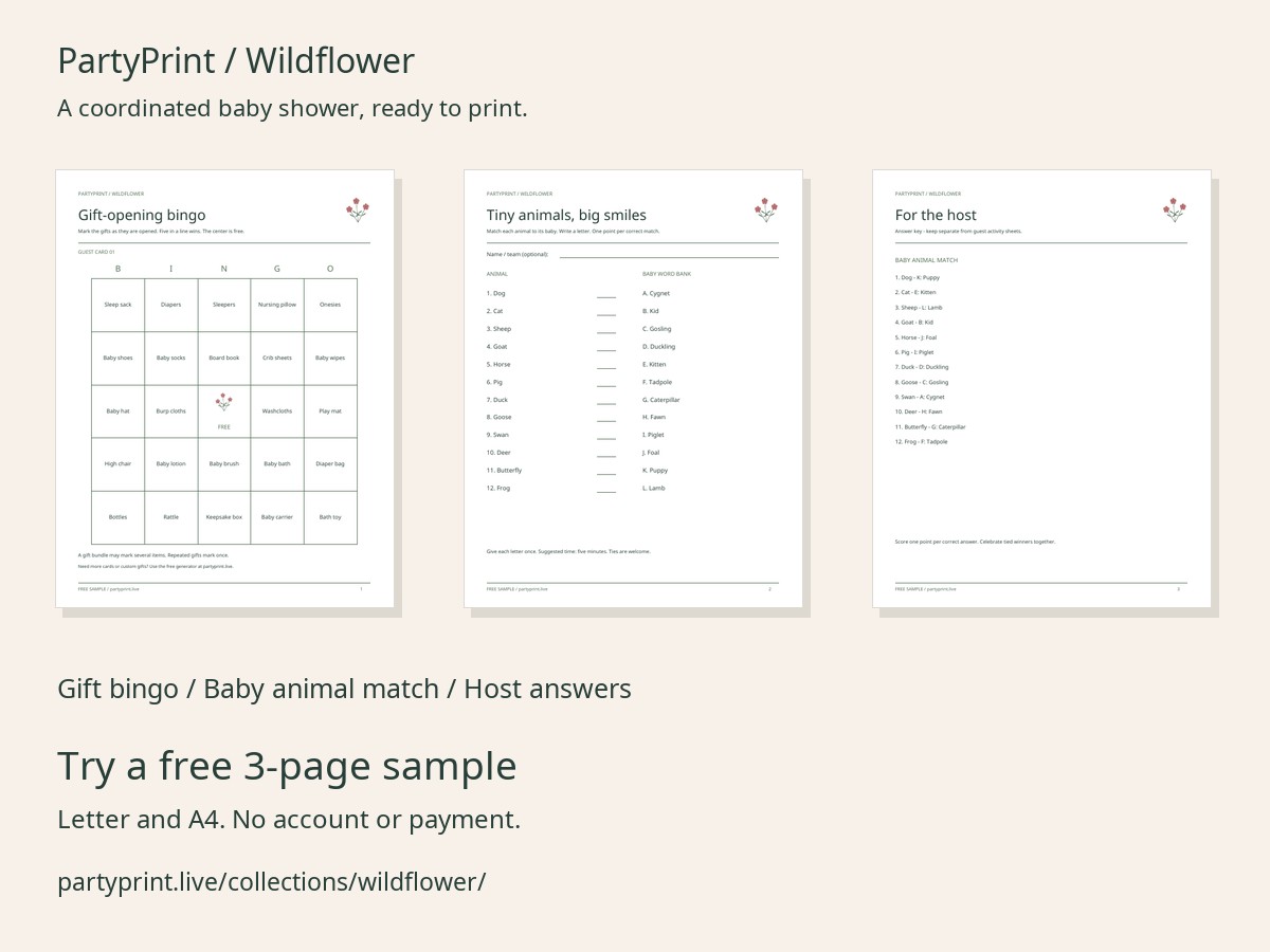 All three actual free Wildflower sample pages: gift bingo, baby animal matching and host answers in matching rose and sage artwork