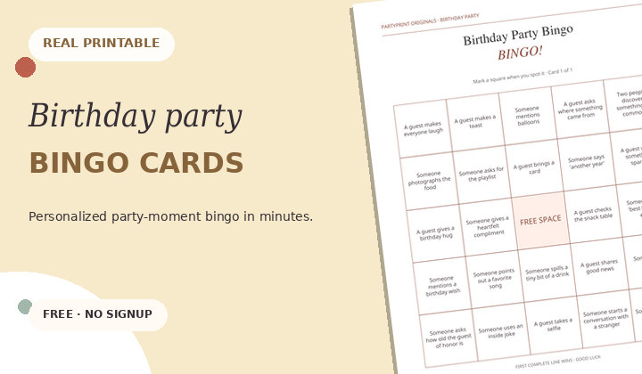 Cropped preview of a real PartyPrint 5-by-5 birthday bingo PDF